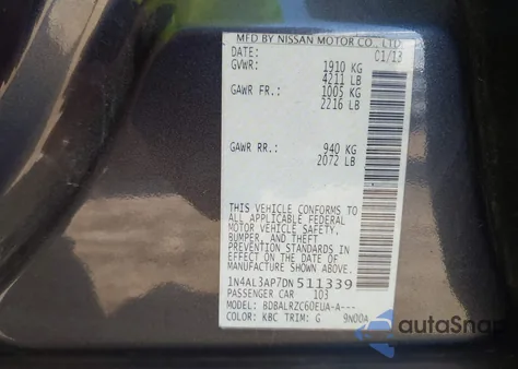 2013 Nissan Altima 2.5 S z USA, uszkodzony, nr VIN 1N4AL3AP7DN511339